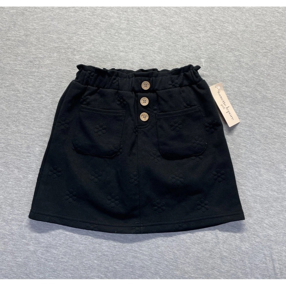 Nanette Lepore Mini Skirt Girls 8 Black Textured Flower Summer Wear Button Front